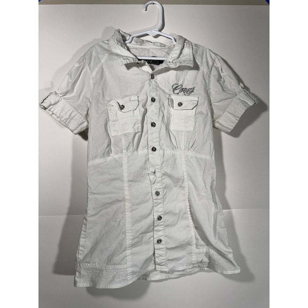 Vintage Coogi Button Up Shirt Womens Small White Rhinestone‎ Logo Y2K Streetwear